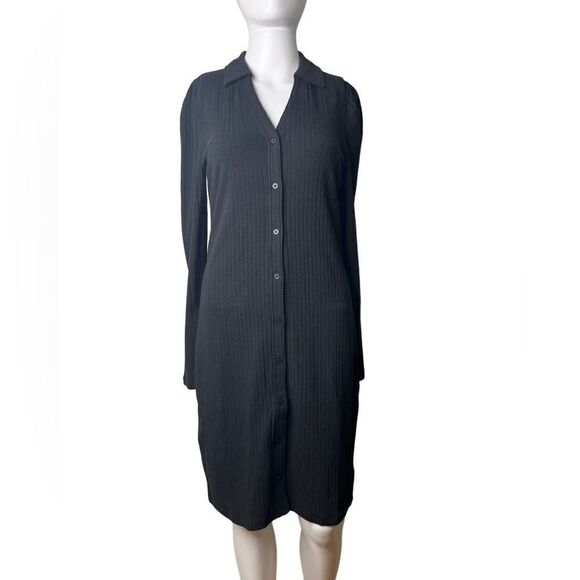 GAP Ribbed Collared V Neck Long Sleeve Dress Black Size Small - Picture 1 of 3
